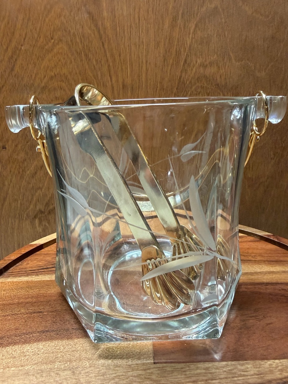 Vintage Arte Murano Linea Mary Crystal Ice Bucket Gold Tone Handle Tongs Italy